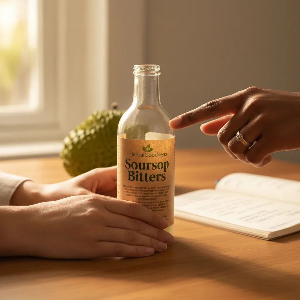 Hands examining soursop bitters label for authenticity