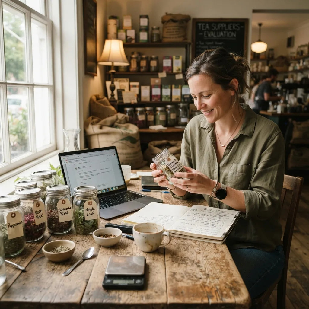 Café owner evaluating herbal tea supplier samples