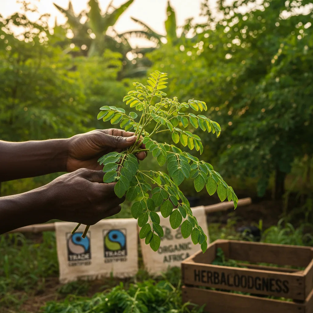 Farmer inspecting moringa leaves at harvest