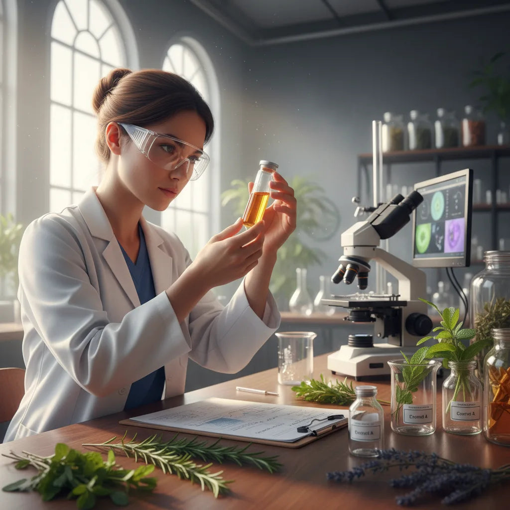 Scientist analyzing herbal extracts in laboratory