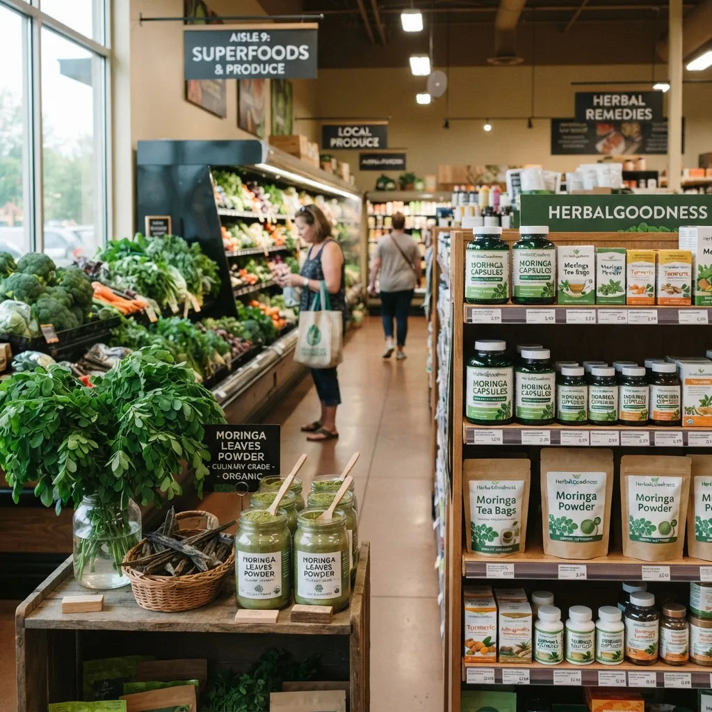 Supermarket aisle with culinary and supplement moringa