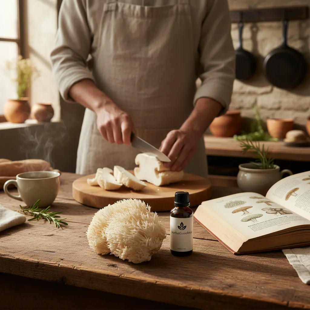 Lion’s mane mushroom and tincture in kitchen