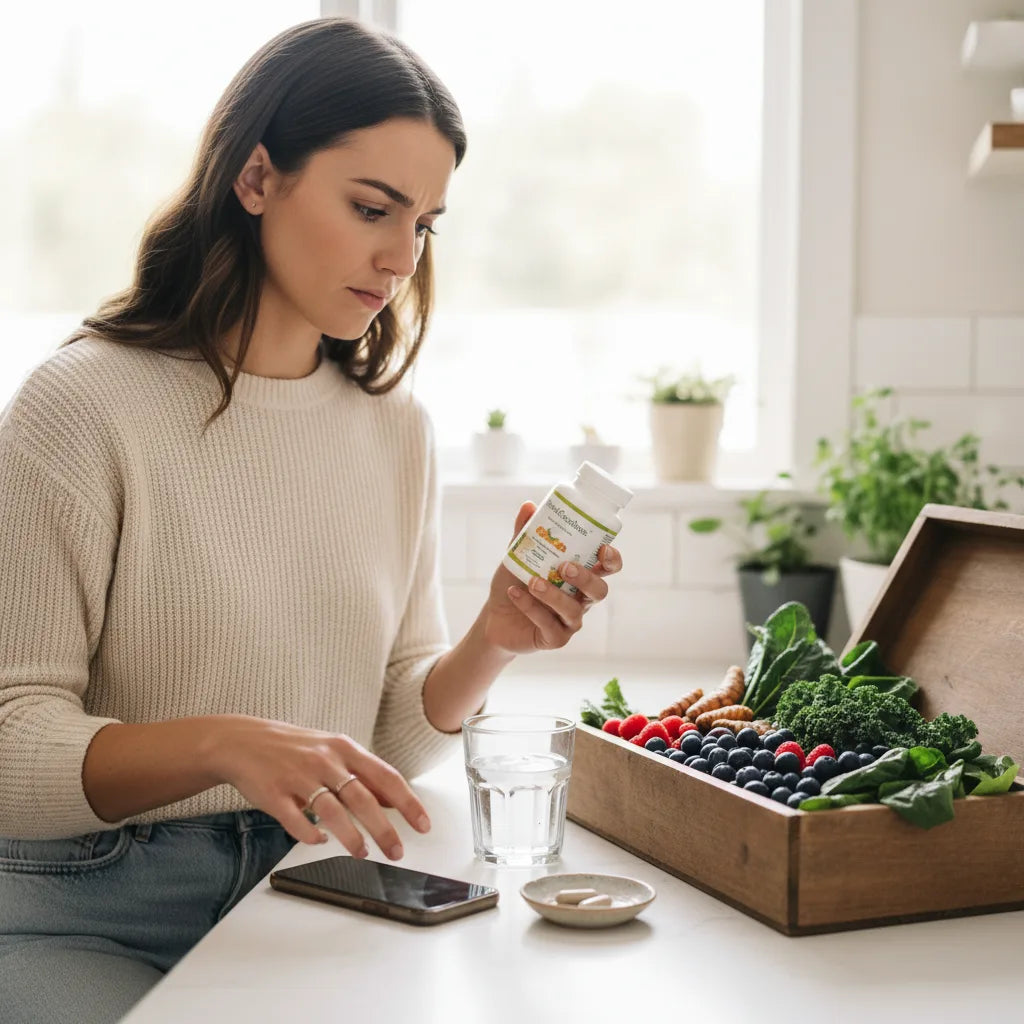 Woman examines supplement bottle in kitchen