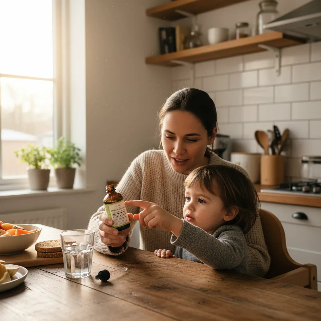 Parent and child read supplement label together