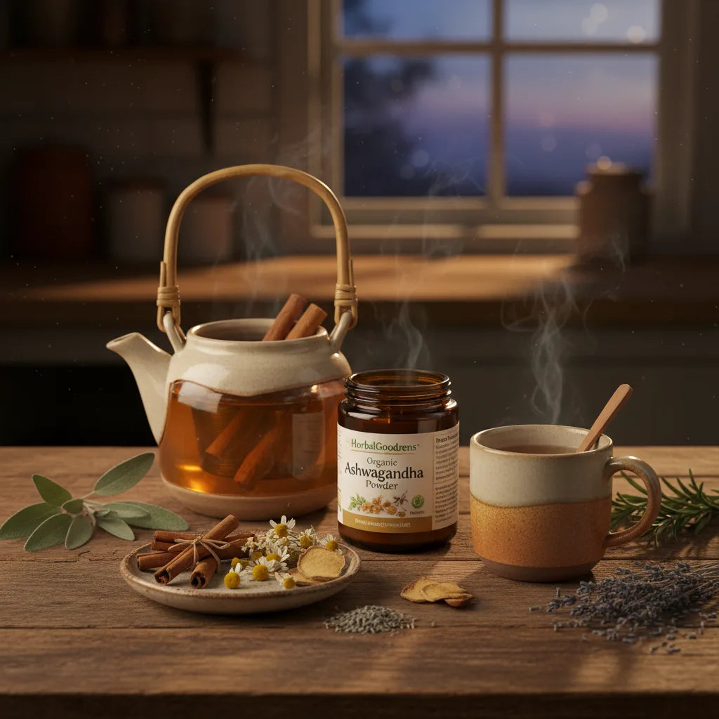 Evening tea ritual with ashwagandha and herbs