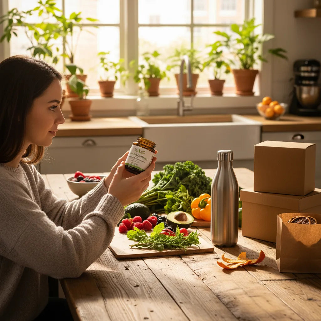 Person inspecting supplement jar in kitchen