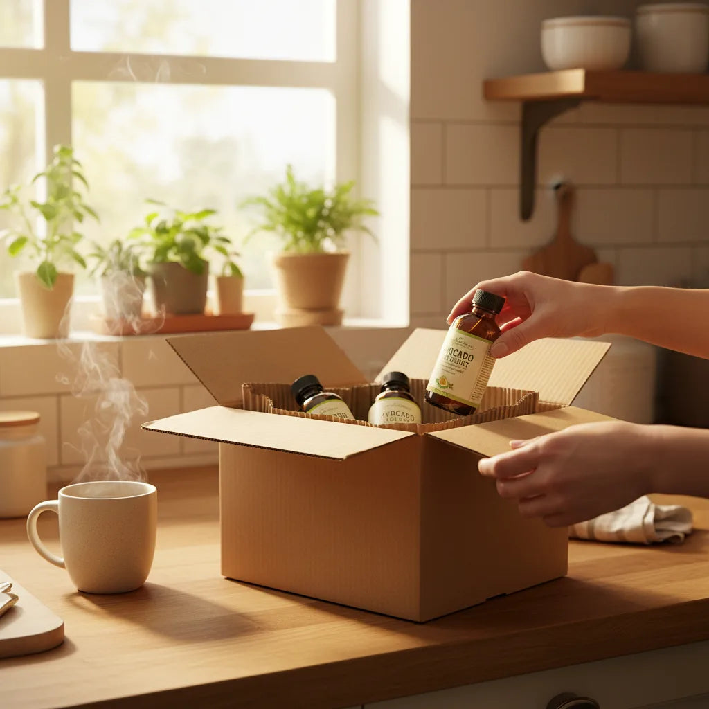 Unpacking avocado extract delivery in kitchen