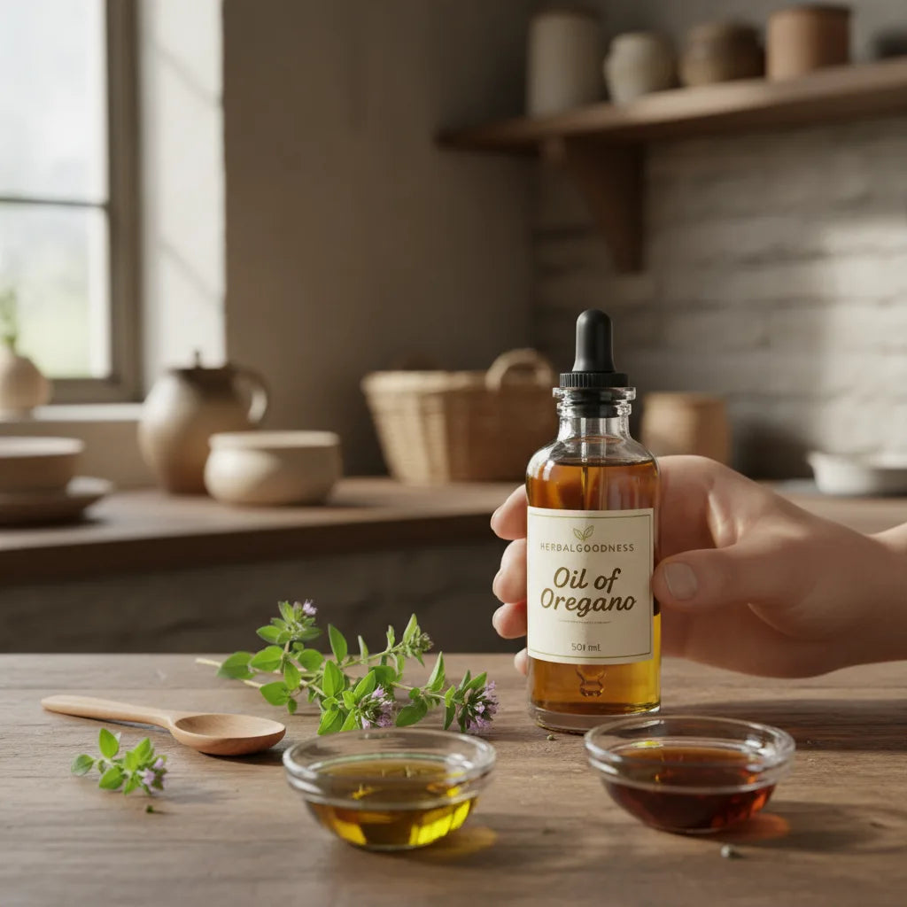 Inspecting oregano oil bottle with herbs nearby
