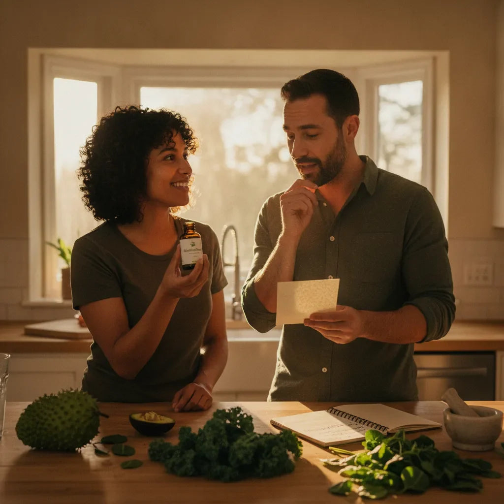 Couple reviewing soursop extract in kitchen