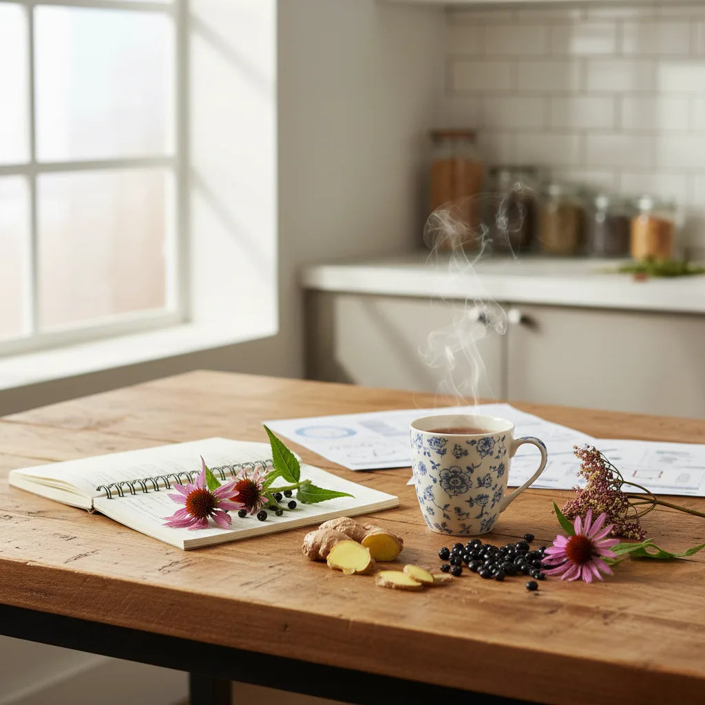 Herbs and research notes on kitchen table