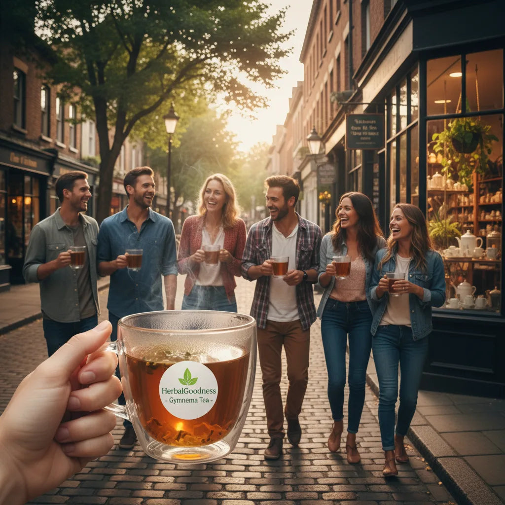 Friends strolling on tea crawl, sipping gymnema