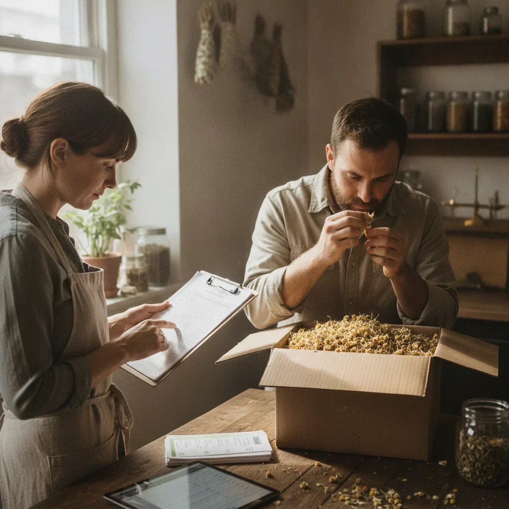 Small herbal business team checks shipment quality