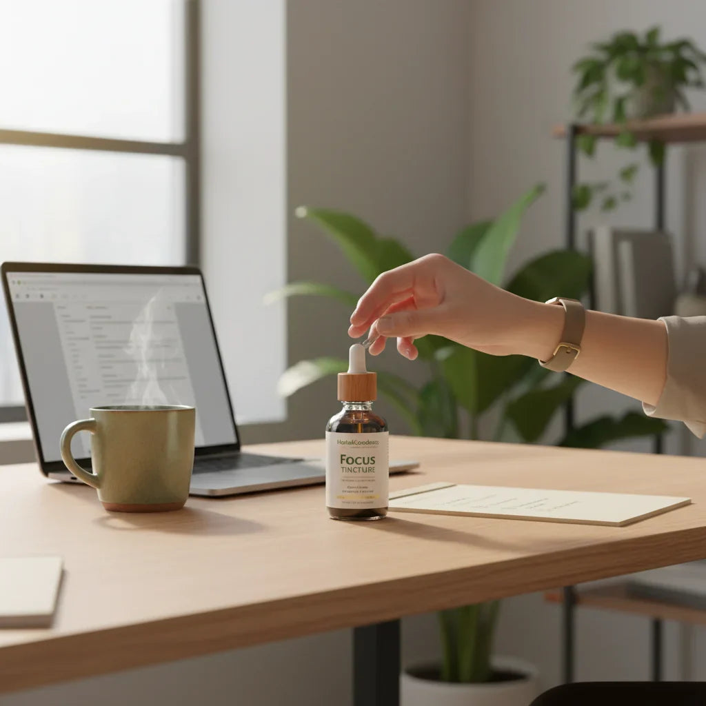 Reaching for focus tincture at workspace
