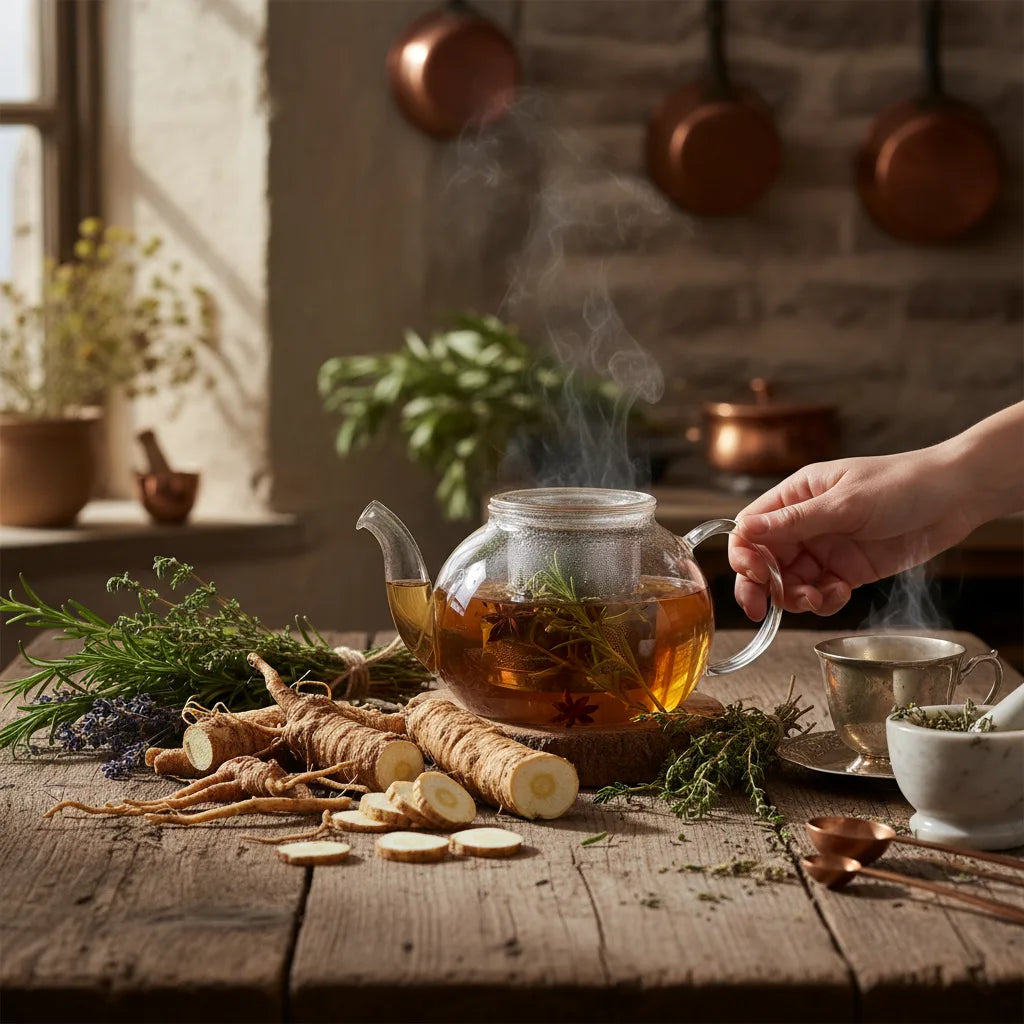 hand preparing angelica root herbal tea