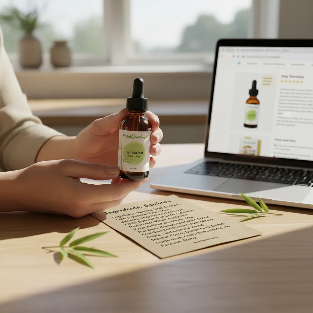 Hands holding bamboo leaf extract bottle.