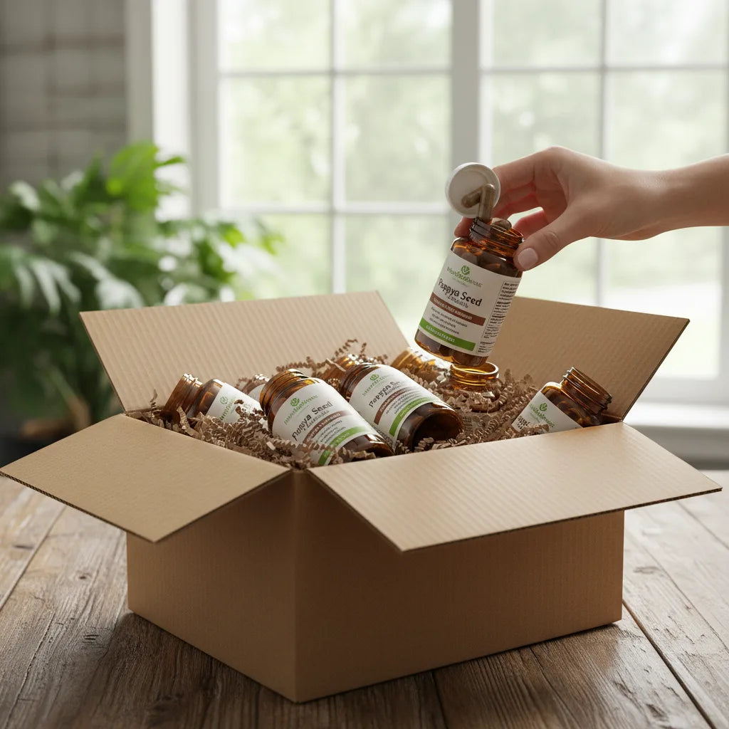 Bulk papaya capsules in eco packaging