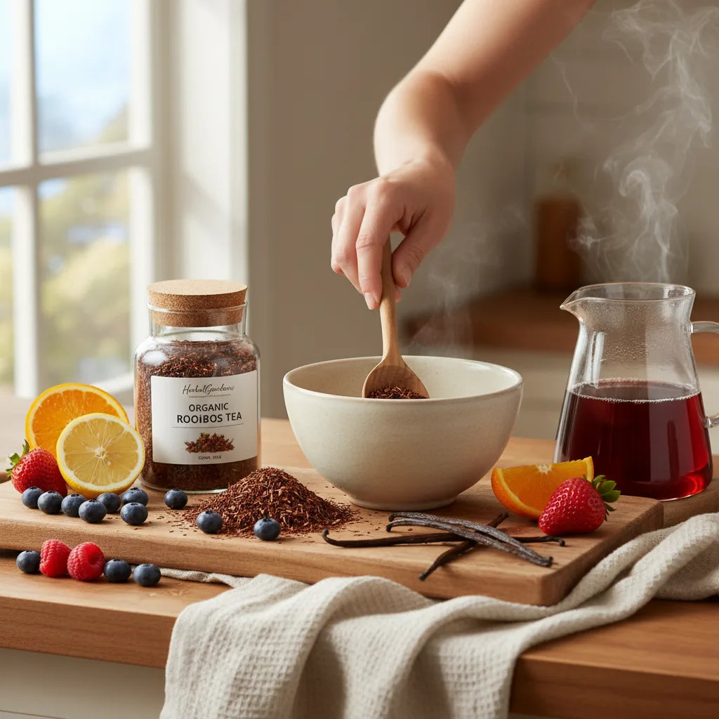Hand mixing rooibos tea into bowl