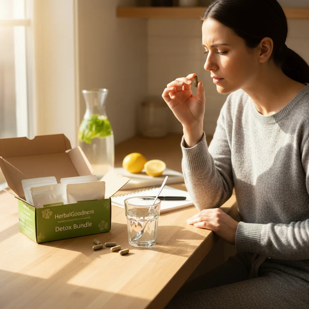 Exploring HerbalGoodness bundle on sunny countertop