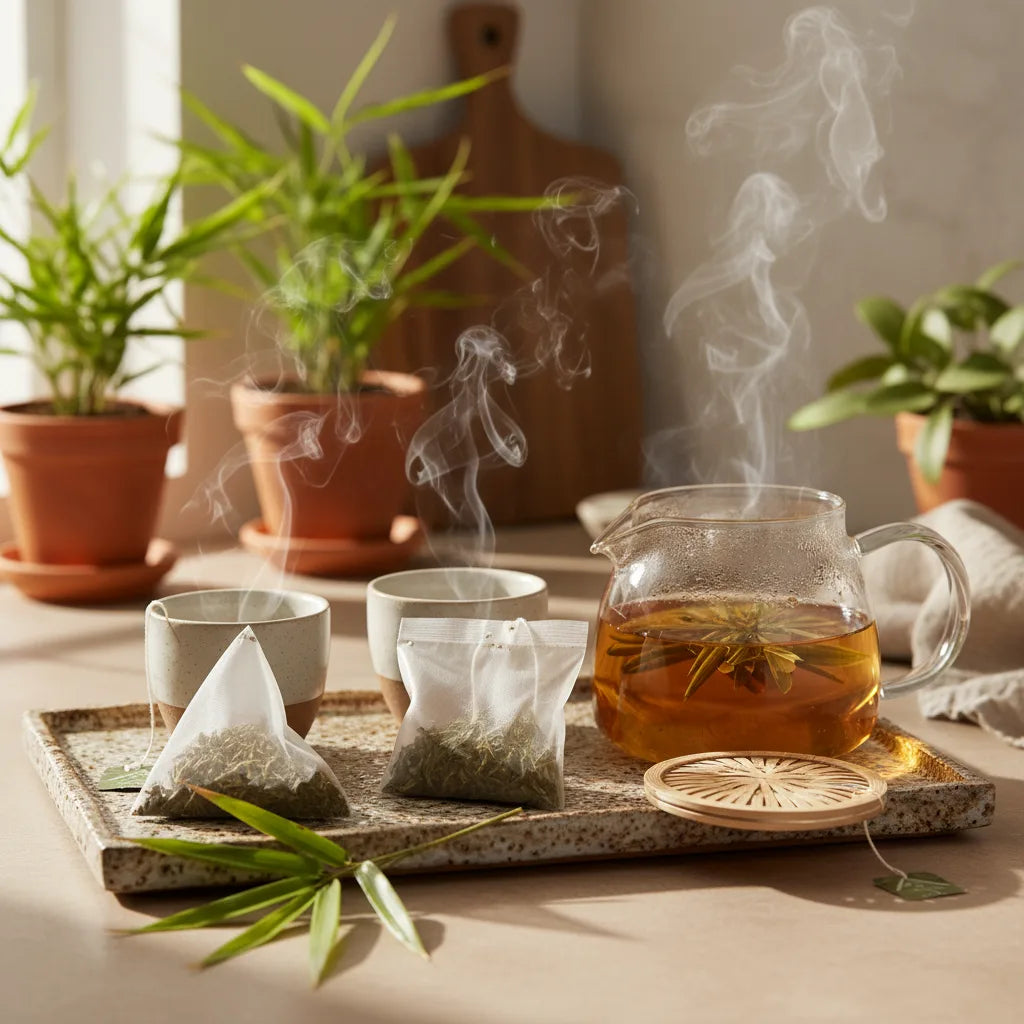 Three bamboo tea bags in sunlight kitchen