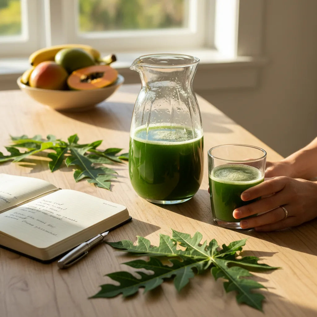 Person journaling and preparing papaya leaf juice