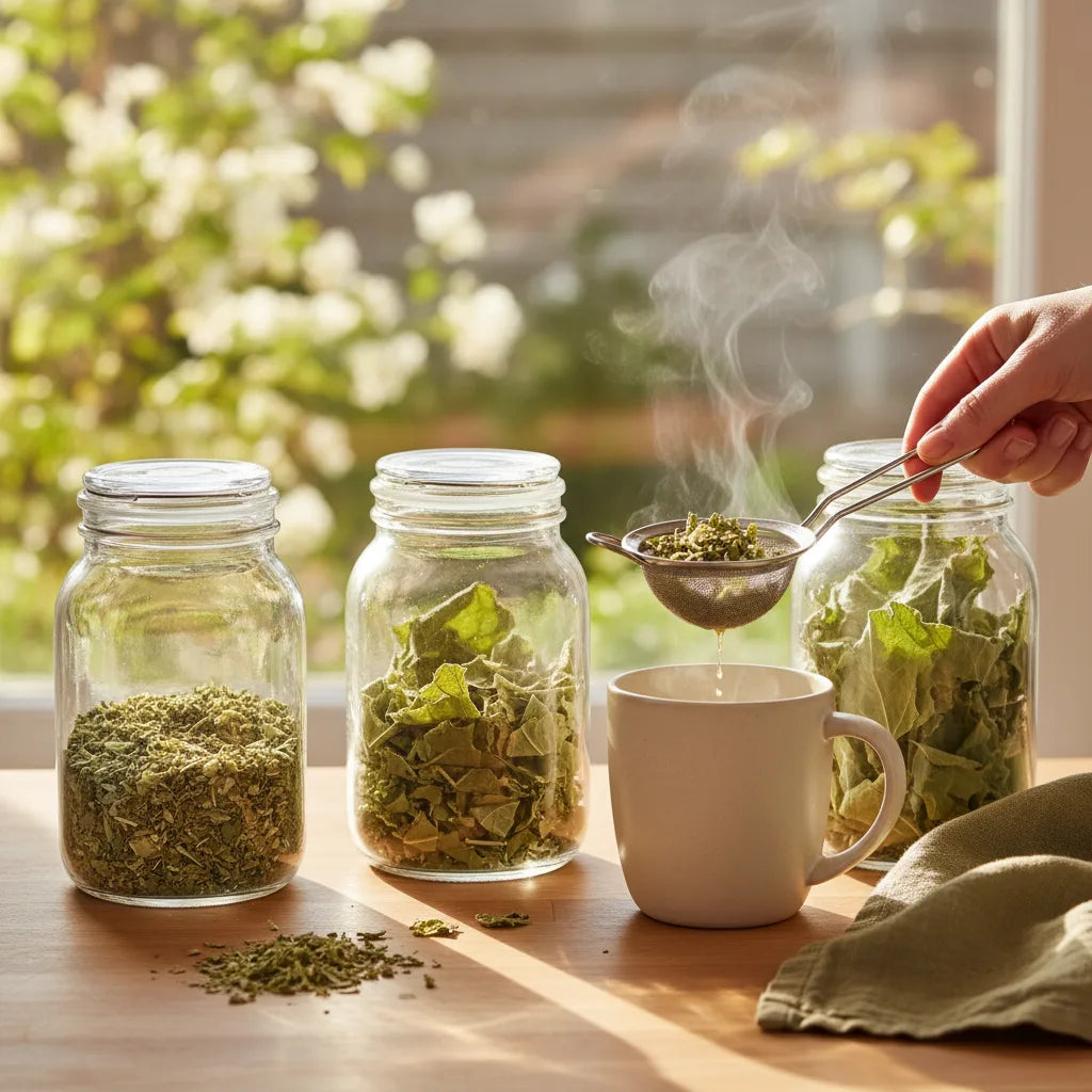 Comparing mullein tea leaf cuts by window