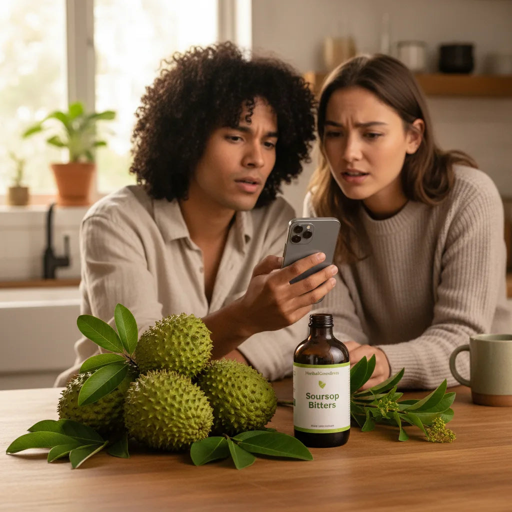 Friends assessing soursop bitters on kitchen counter
