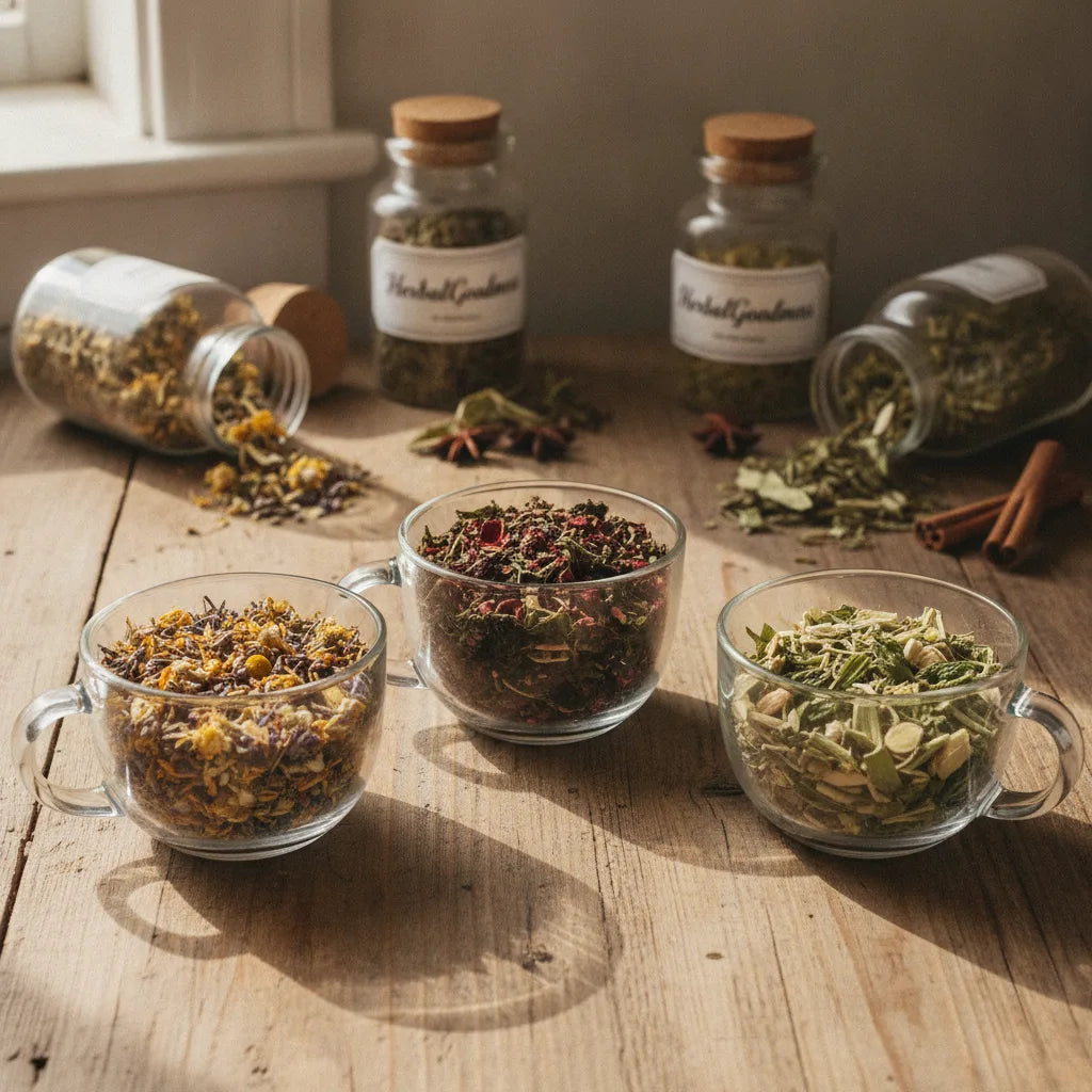 Three custom herbal teas in sunlight