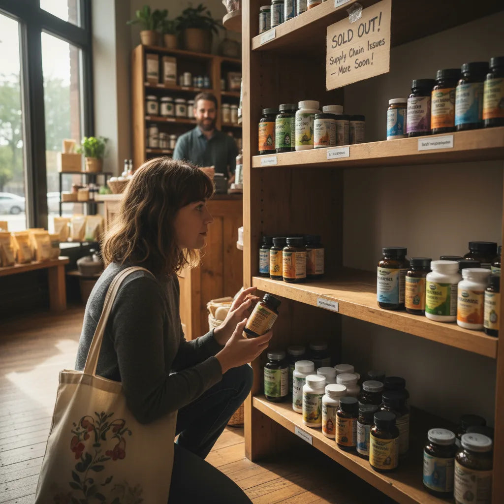 Shopper scanning empty shelf for liquid moringa