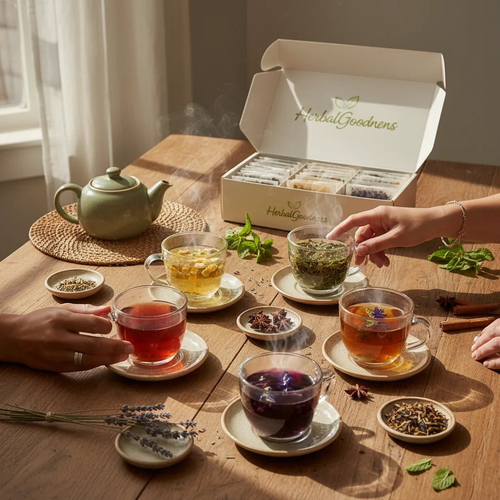 Hands reach for vibrant herbal tea samples