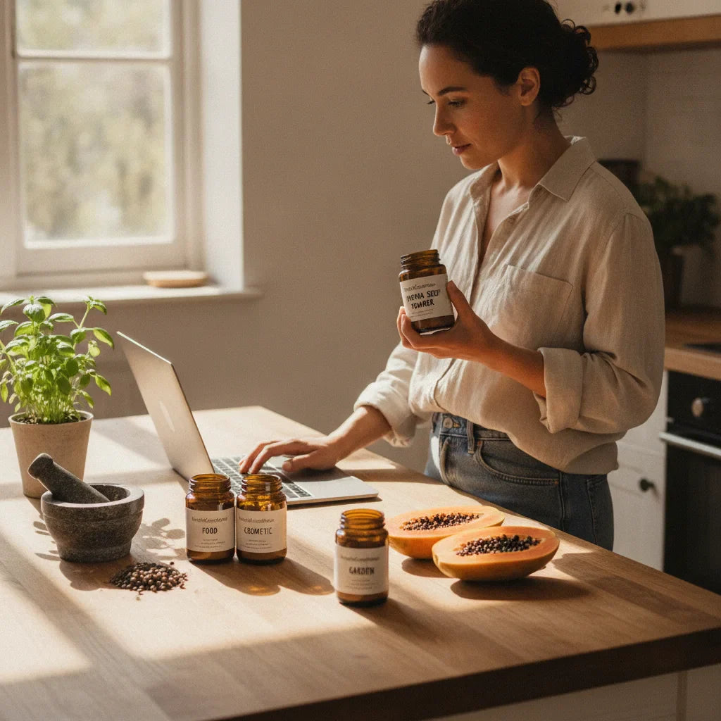 Person comparing three papaya seed powder jars