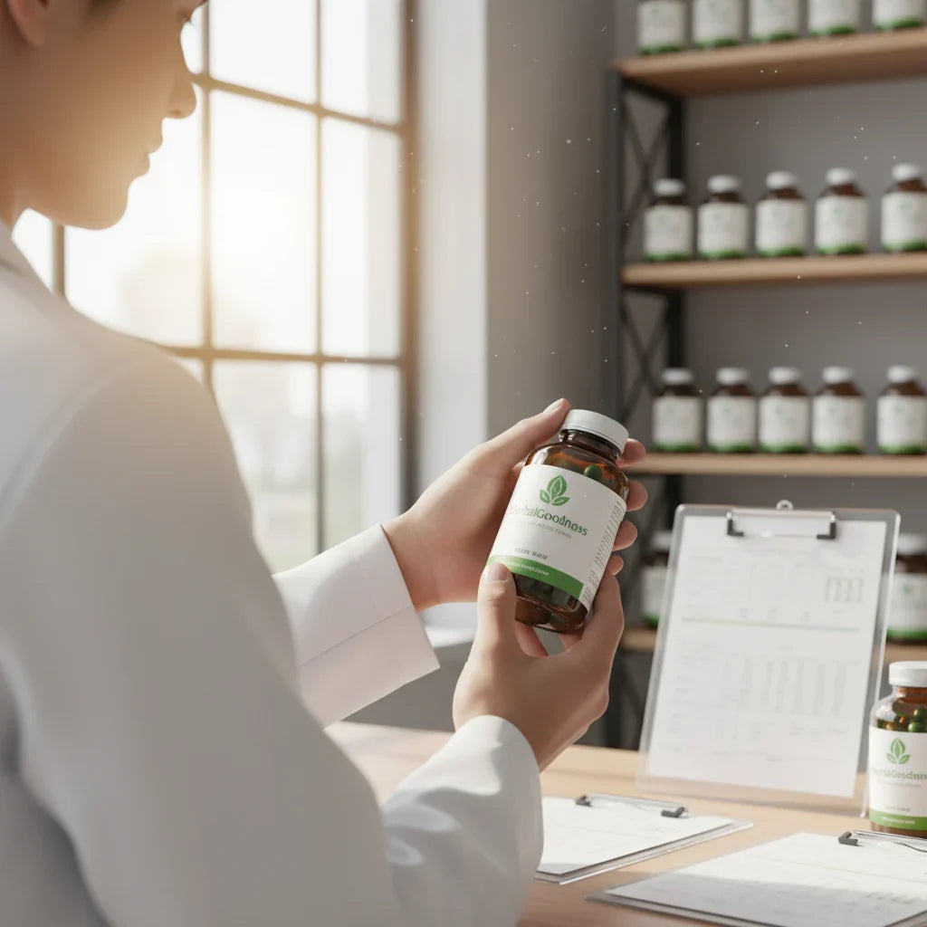 Technician checking lot code on supplements