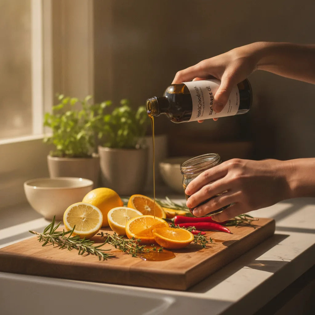 Hands pour oil over fresh citrus, herbs.