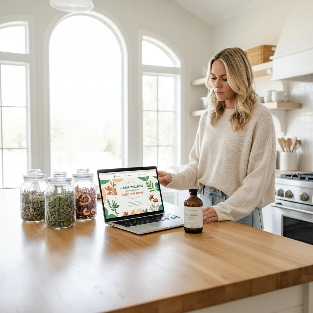 Woman studies herbal products and online options