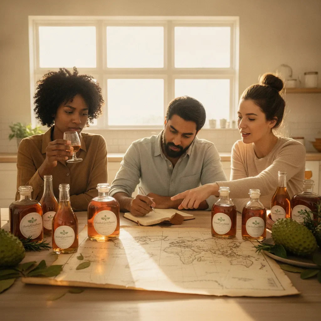 Friends tasting soursop bitters and mapping origins