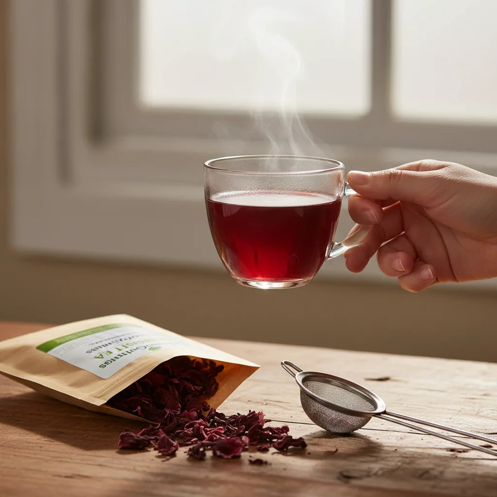 Hand holding steaming cup of hibiscus tea