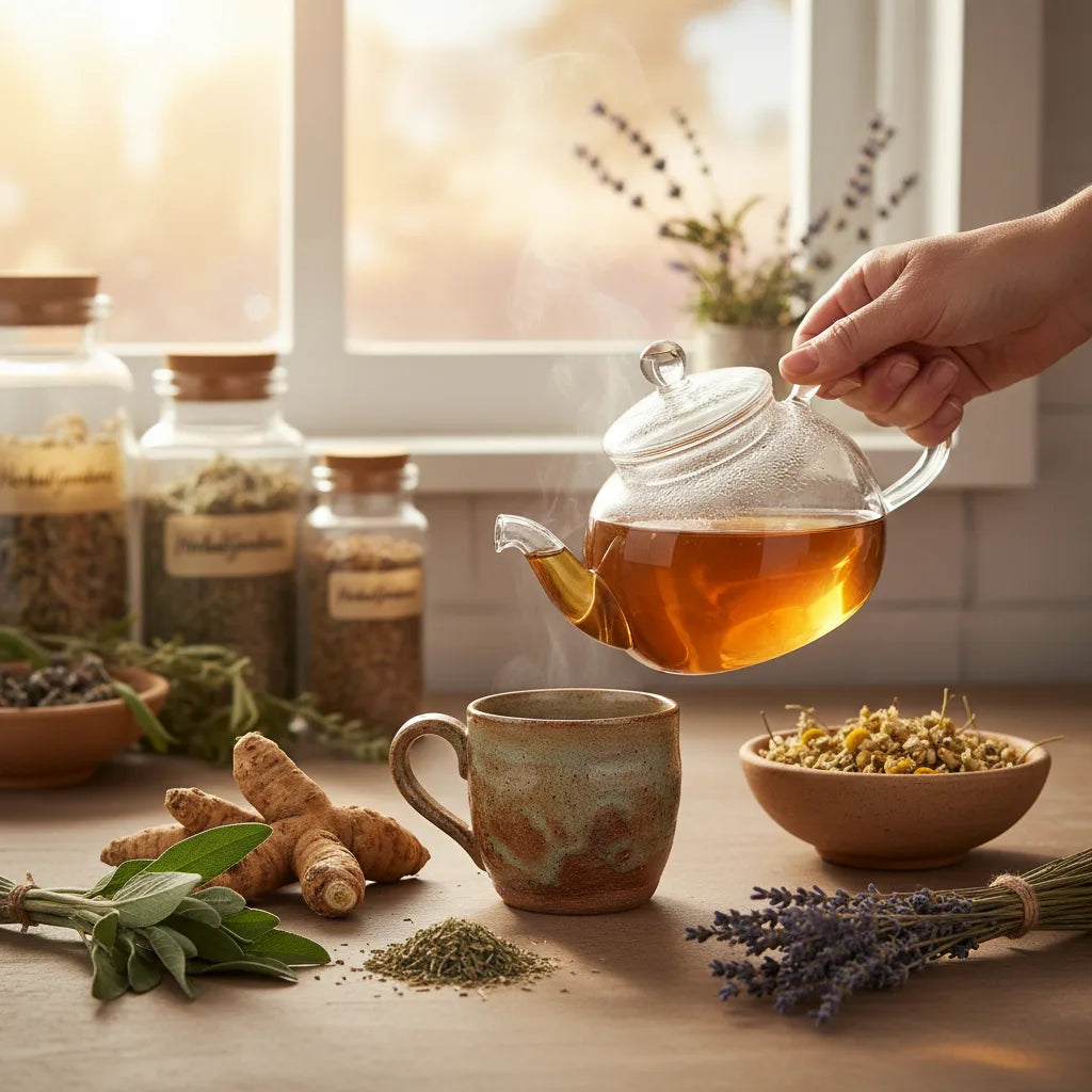 Morning sunlight and herbal tea ritual scene