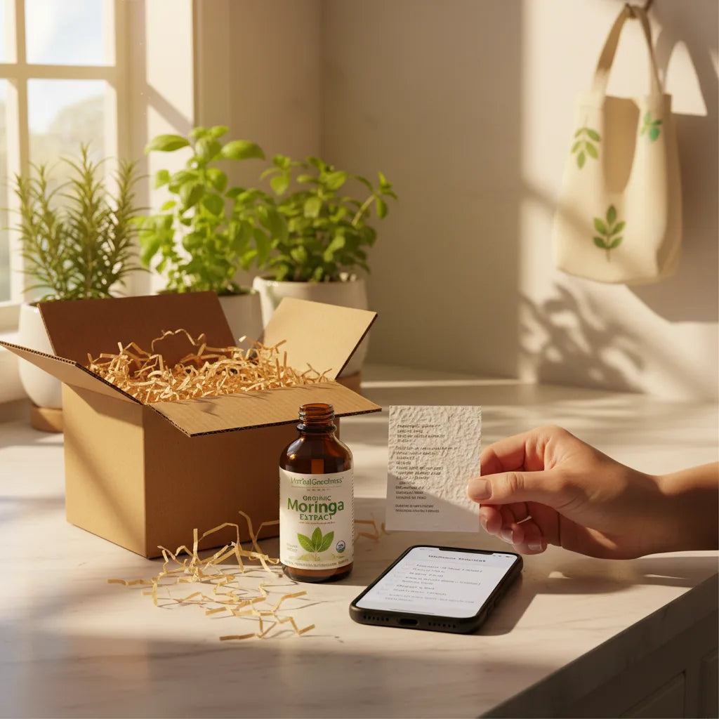 Unboxing organic moringa extract in kitchen