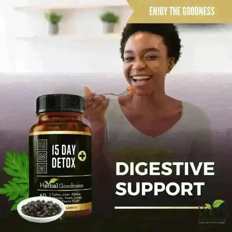 Black bottle of herbal goodness 15x liquid extract in a 15 day herbal detox cleanse kit for digestive reset support