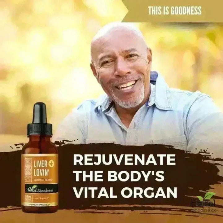 Amber glass bottle with black dropper cap and gold label liver lovin extract blend by herbal goodness for 15x liquid extract reset kit