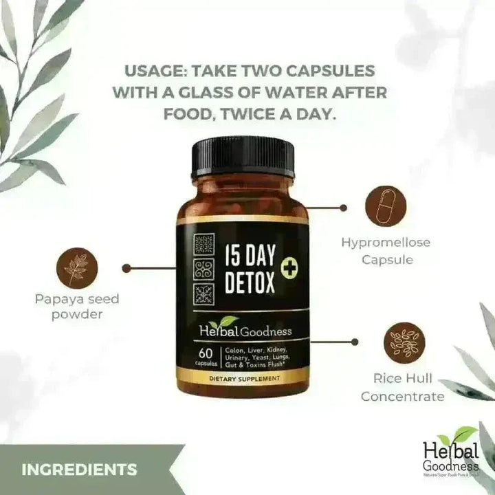 Brown glass bottle with black cap labeled 15 day detox from herbal goodness 15x liquid extract reset kit
