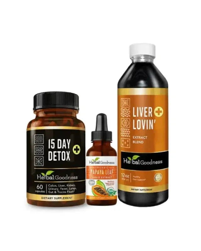Herbal goodness 15 day detox supplement in a brown bottle with black cap for liver support full body cleanse reset kit