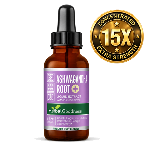Amber glass bottle with black dropper cap and purple ashwagandha root liquid label for root liquid extract