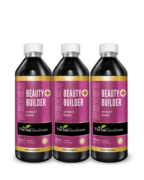Three 12 oz dark amber herbal goodness beauty bottles with vibrant purple labels to promote collagen production and vibrant hair