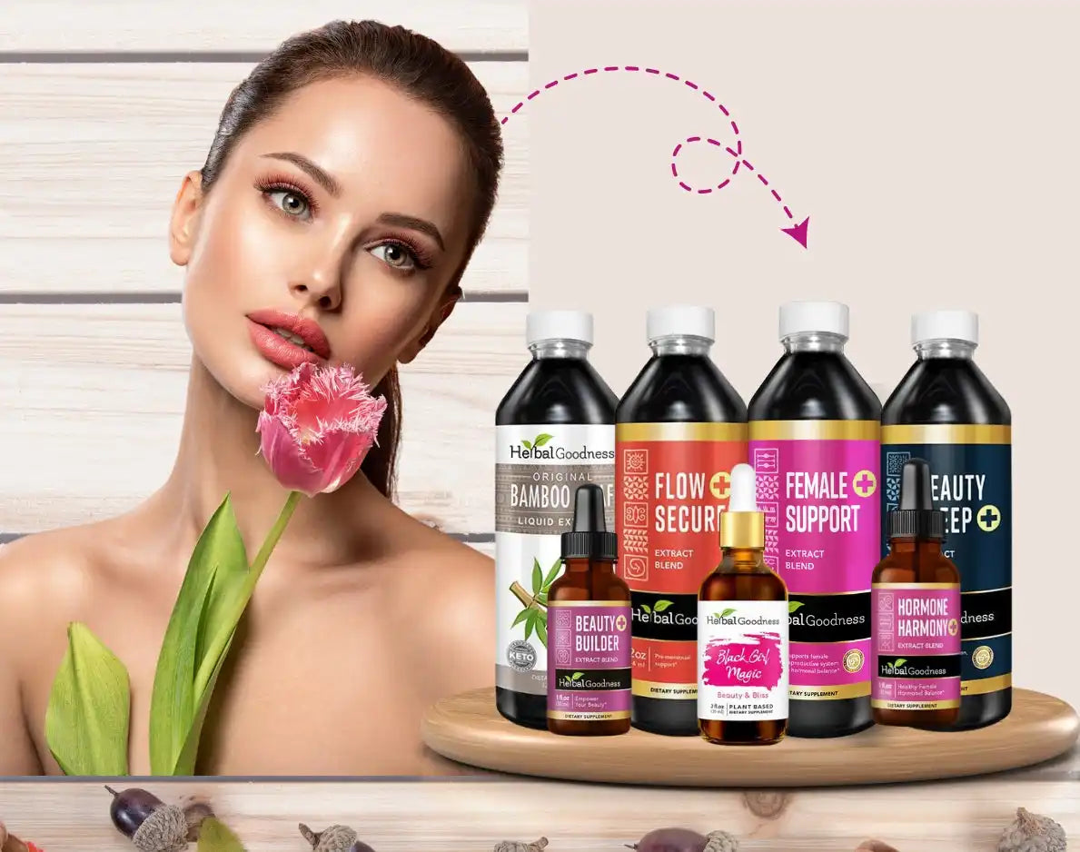 Beauty and wellness supplements displayed with a pink tulip flower.