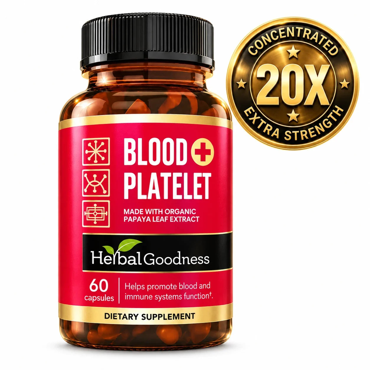 Red and black herbalgoodness blood platelet plus capsules with organic papaya leaf extract for boosting platelet levels