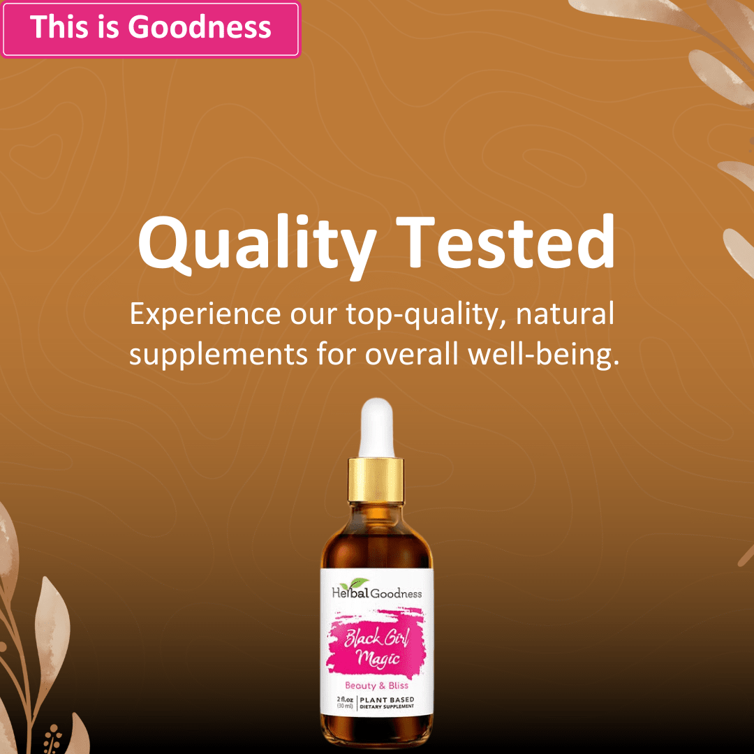 A sleek amber glass bottle of sassy wellness drops with a gold dropper and black girl magic pink branding