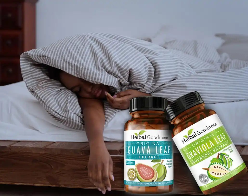 Bottles of guava leaf supplements next to someone sleeping under striped bedding.