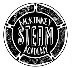 Circular black and white logo for McKinney STEAM Academy with decorative gear-like elements around the border.