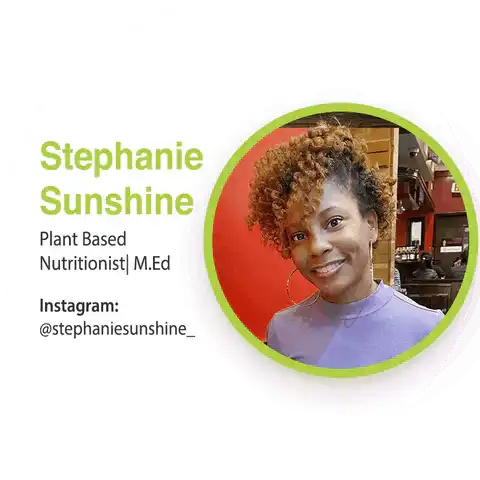 A circular social media profile image with a lime green border and text showing credentials for a plant-based nutritionist.