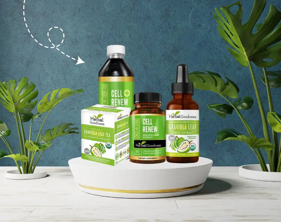 Collection of natural wellness products displayed on a white circular tray.